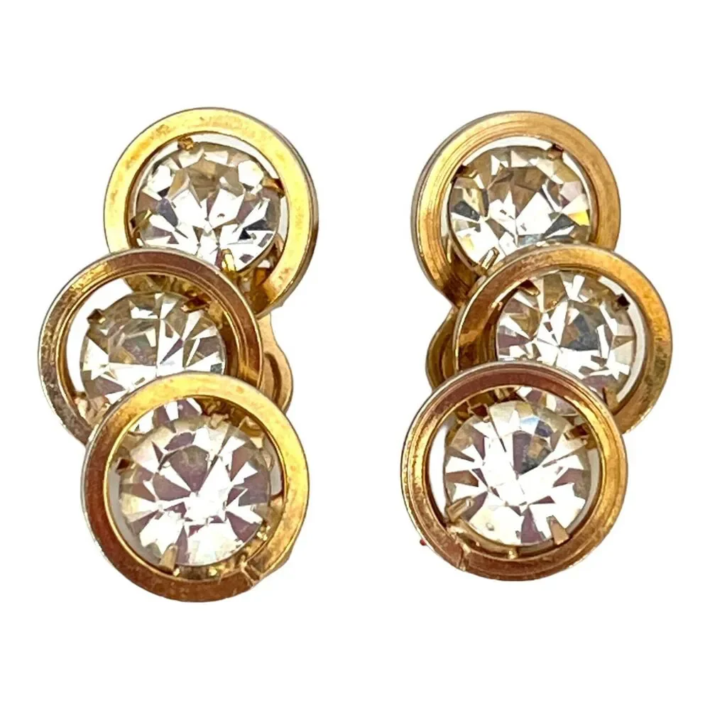 Vintage 1960s Judy Lee Clip Earrings Rhinestone Gold Tone - 1C